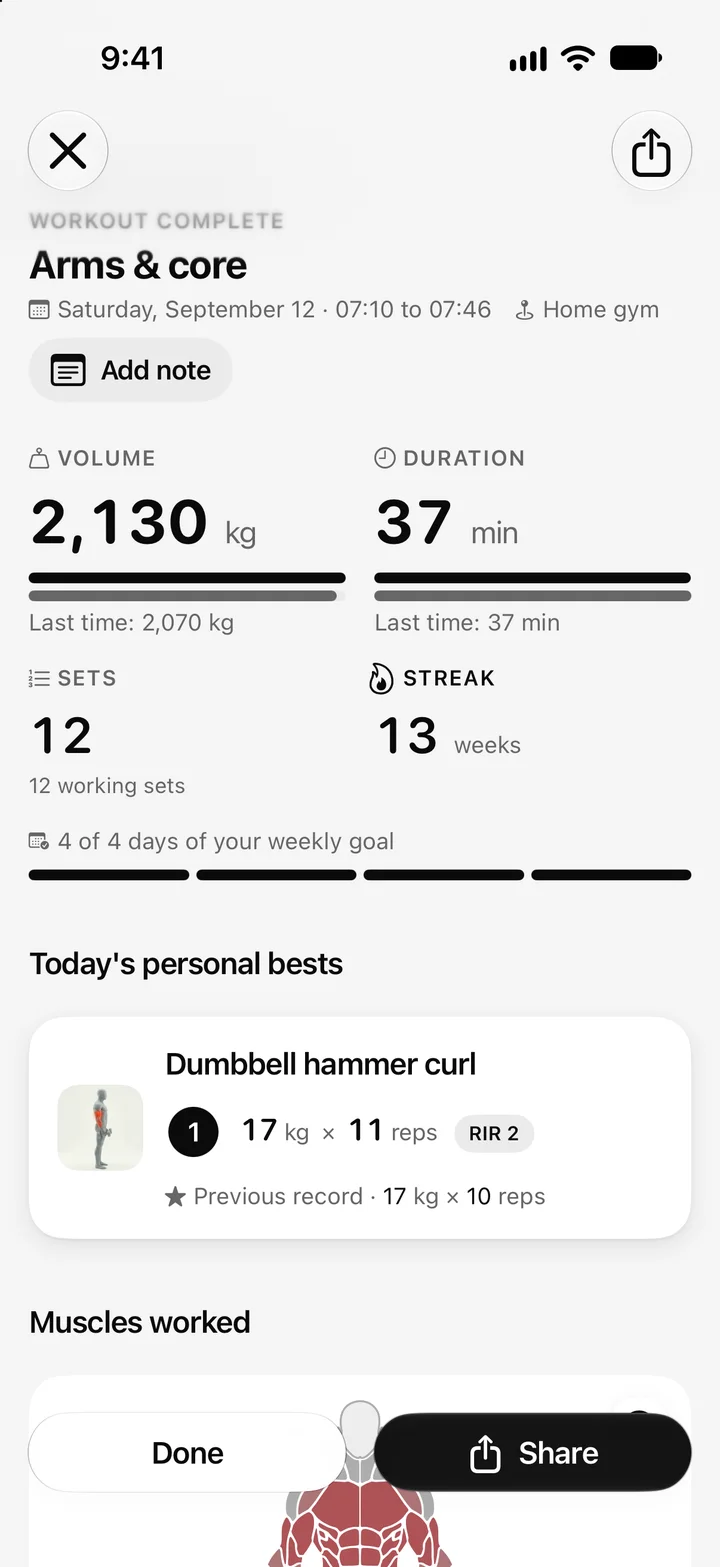 Workout summary in Aura with volume, duration and personal bests.