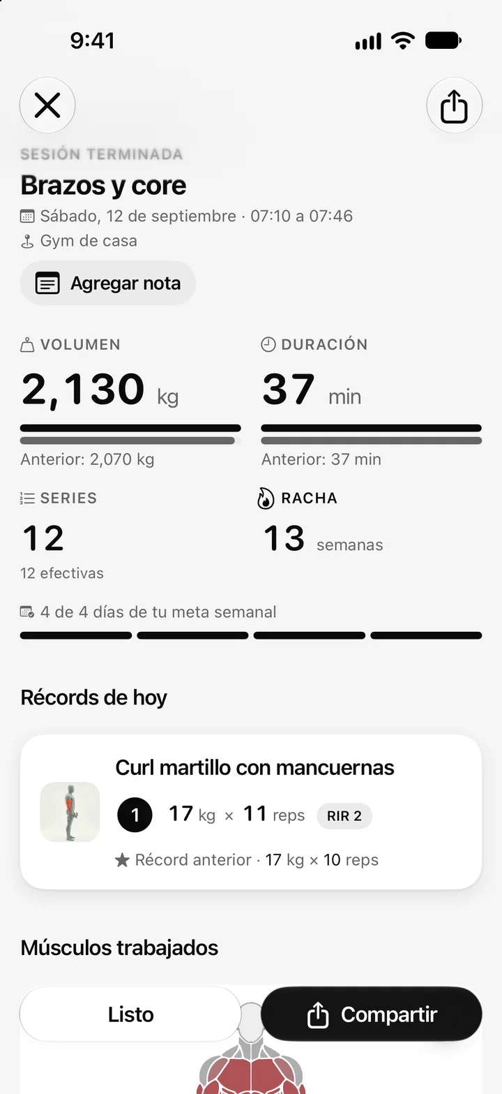 Resumen de una sesión en Aura con volumen, duración y récords.